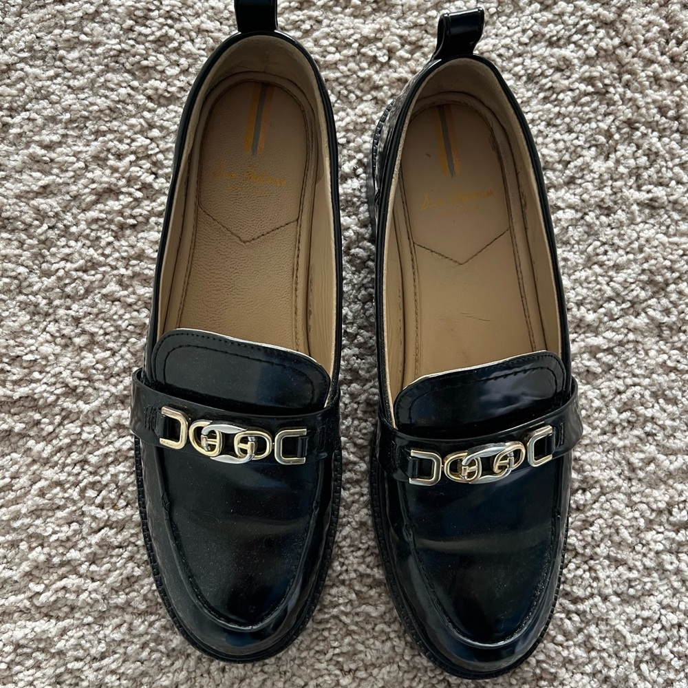 Sam Edelman Black Patent Loafers with Gold Detail